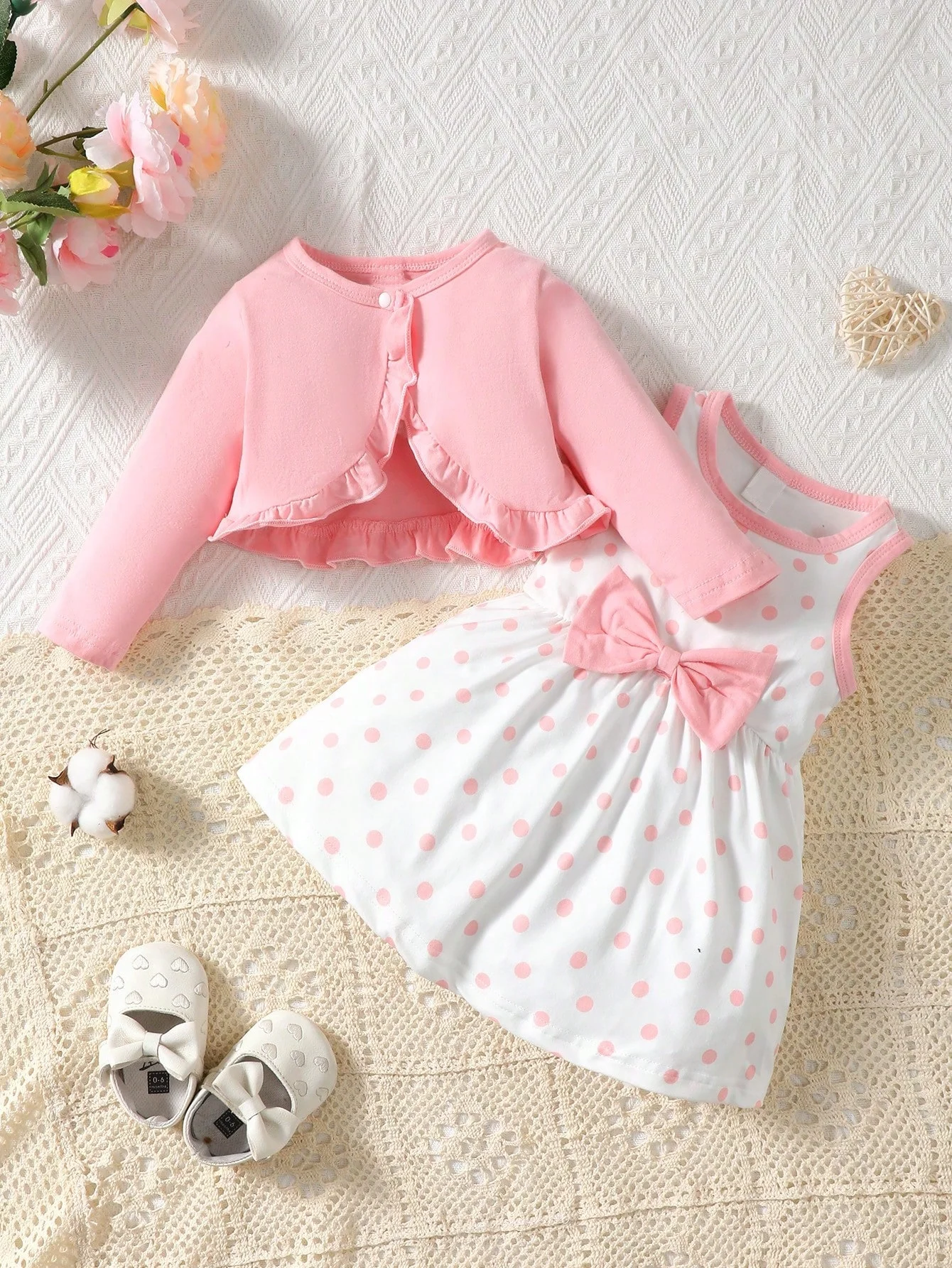 Baby Girl Ruffle Hem Jacket & Polka Dot Print Bow Front Dress