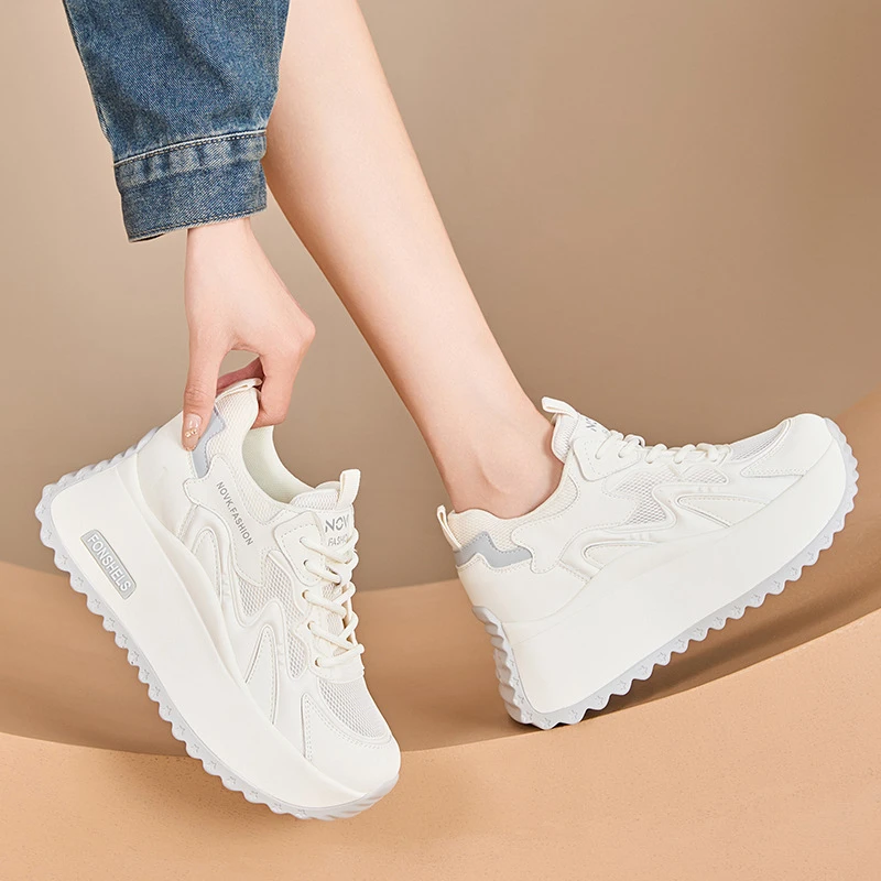 

Womens Spring Summer New Mesh White Sneakers Chunky Platform Hidden Height Increasing Breathable Versatile Casual Dad Shoes