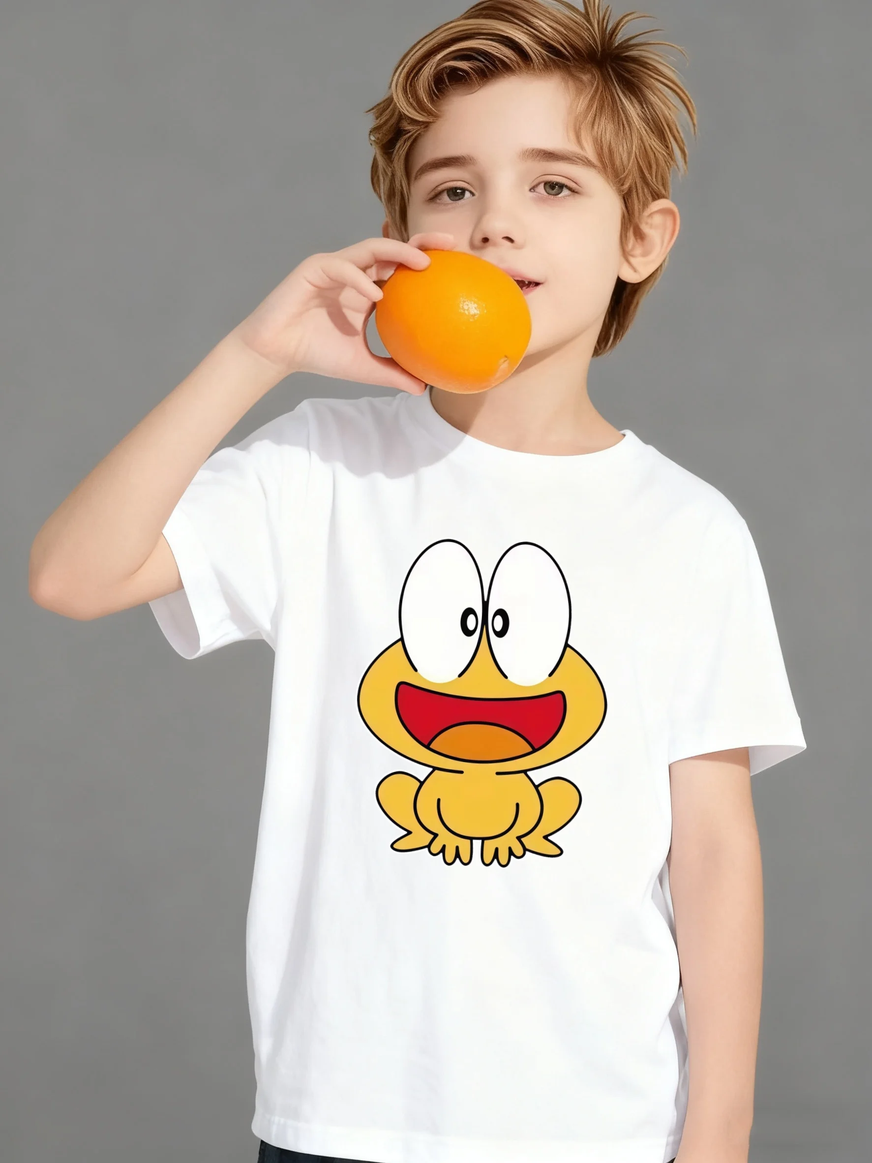 Kids Royal Cotton Tee Big Eyes Happy Yellow Cartoon Frog Print Crew Neck Short Sleeve Toddler Animal Casual Tops