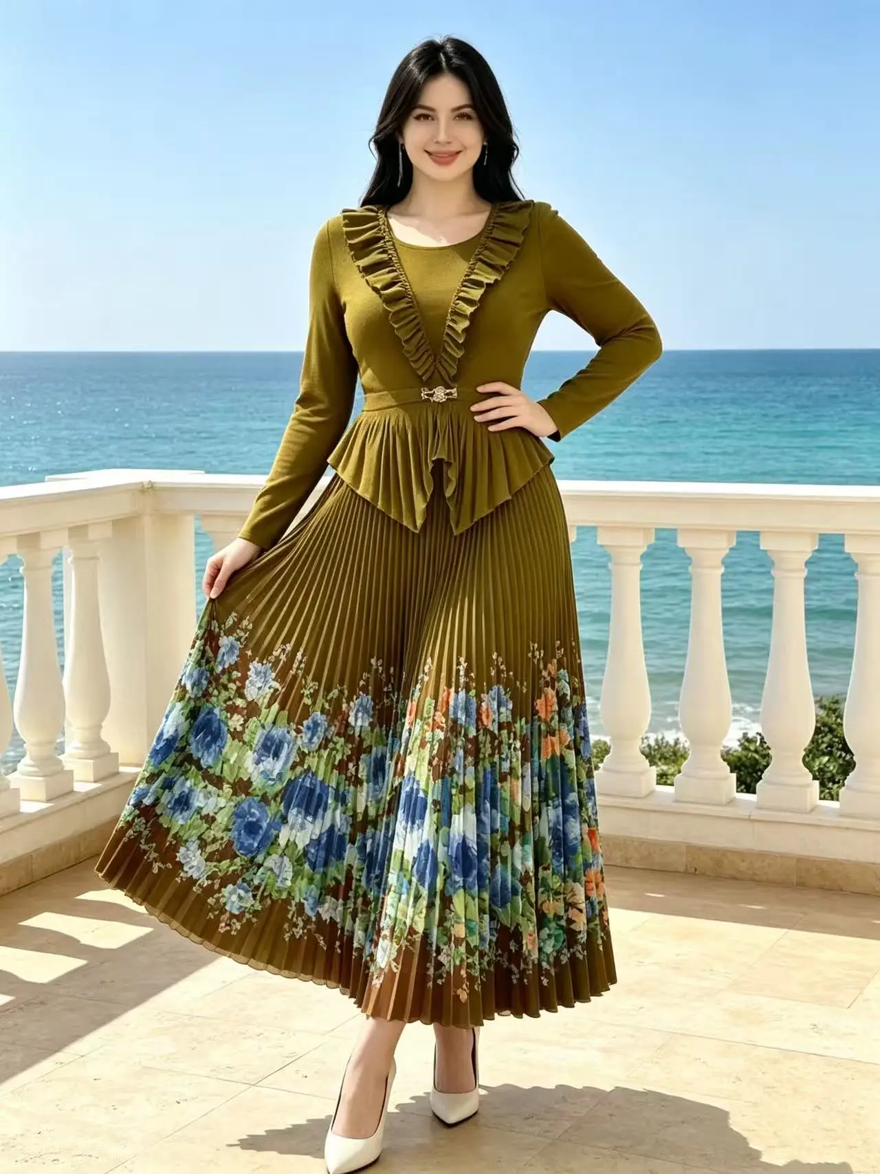 Miyake Pleated African Loose Suit Round Neck Fashion Printing Temperament Elegant Long Dress Two-piece Set New