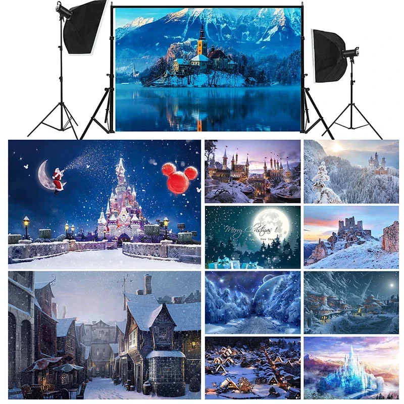 5x3ft/7x5ft Christmas Snow Castle Theme Vinyl Photography Background Cloth Photo Poster Print Xmas Home Backdrop Art Decoration