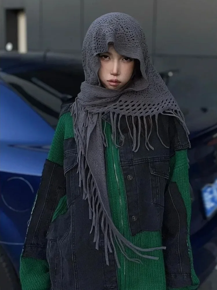 

Hijab 2023 Winter New Subculture Punk Street Shawls Warm Scarf for Women Шарф Fringe Knitted Wool Mask Scarf Trend 목도리 Hot Sale