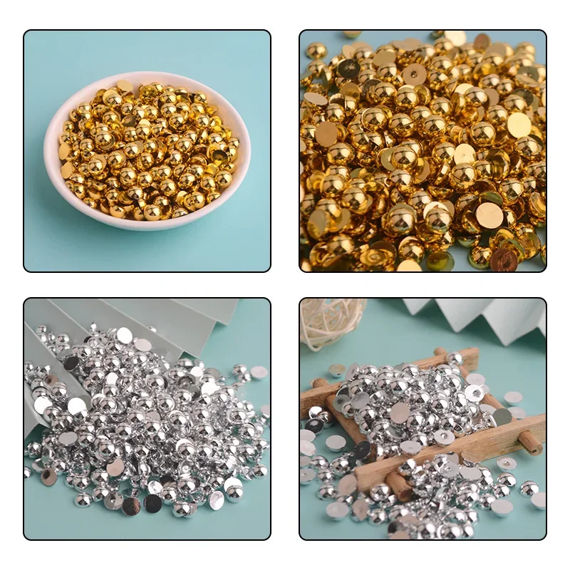 1.5mm-14mm pérola semi círculo banhado a ouro prata contas espalhadas contas de arroz de plástico diy artesanal acessórios de resina de unhas