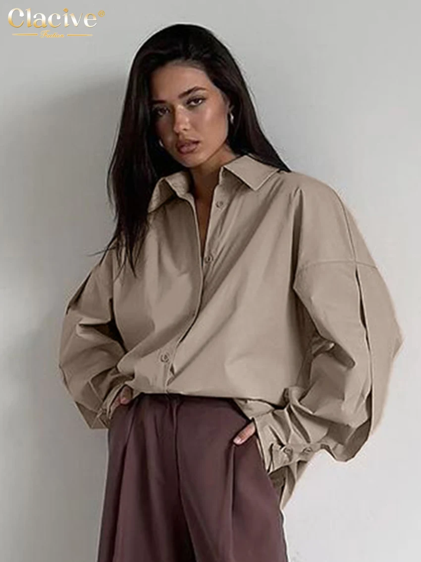Clacive Fashion Loose Khaki Women's Blouse 2025 Casual Lapel Long Sleeve Shirt Elegant Classic Solid Top Female Clothing