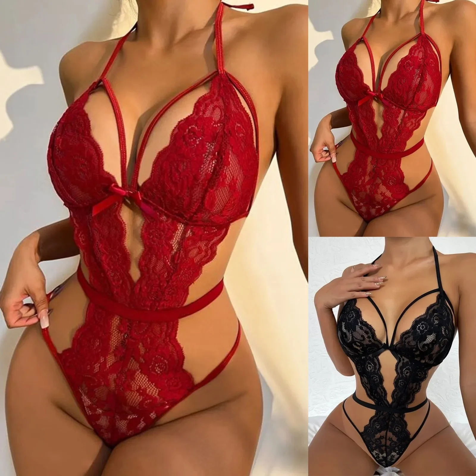 Mulheres sexy lingerie de renda oco conjunto sutiã profundo v aberto sutiã conjunto de roupa interior erótica quente sexy transparente bodysuit vestido