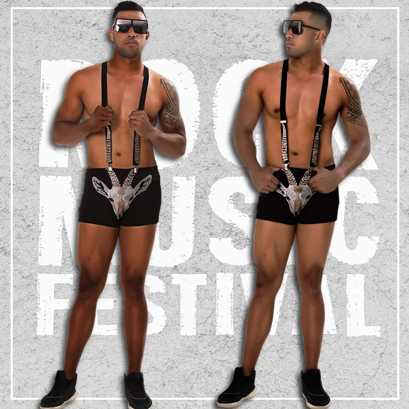 

Sexy Deer Head Hot Diamond High Waist Boxer Pants Men's Nightclub DS Catwalk Clothes Muscular Bar Stage Gogo Performance Costume