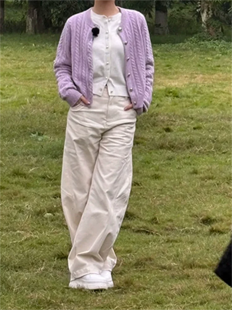 

Purple Knit Cardigan Women O-Neck Golden Buckle Decoration Twisted 2025 Autumn Lady Sweater Top