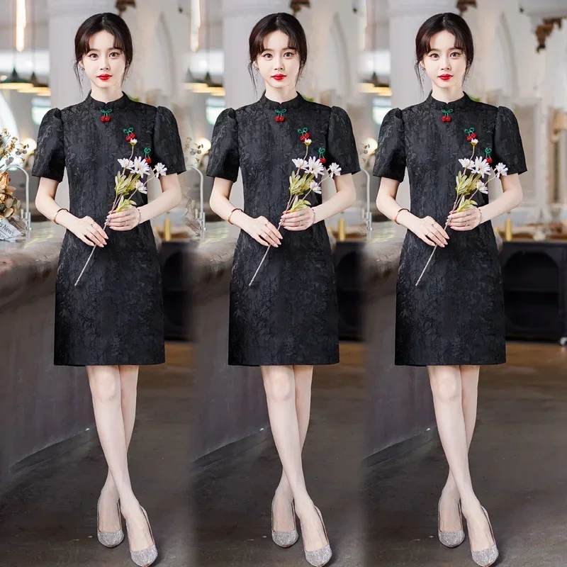 

Retro Black Midi Dress Short Sleeve Qipao Tops Summer Fashion New Improved Cheongsam Dresses Chinese Style Traditional Clothing