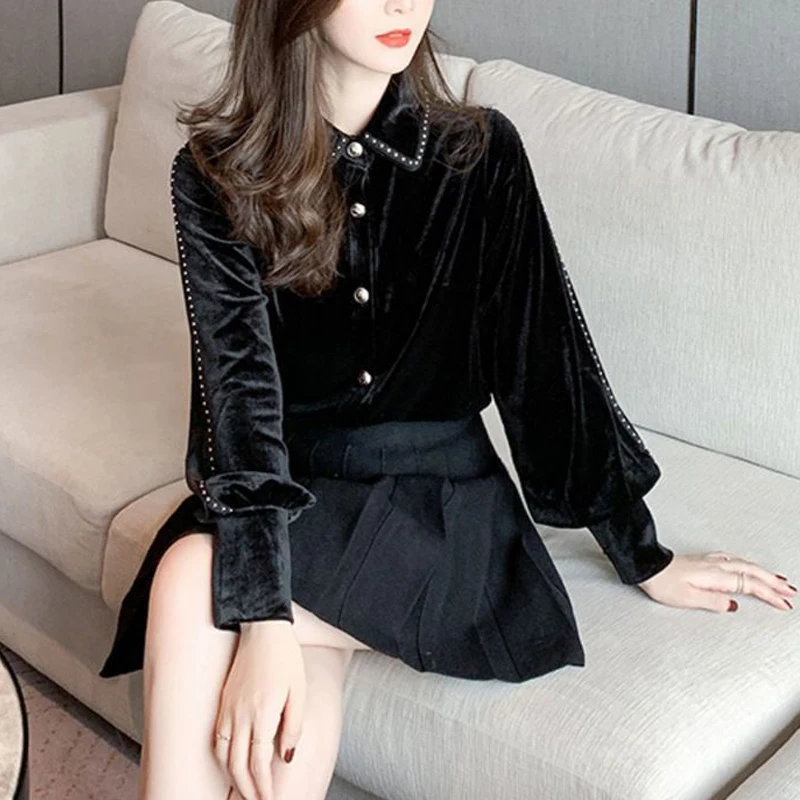 Women Clothing Stylish Vintage Rivet Gold Velvet Button Up Shirts Elegant Chic Lapel Black Blouses Long Sleeve Slim Fleece Tops