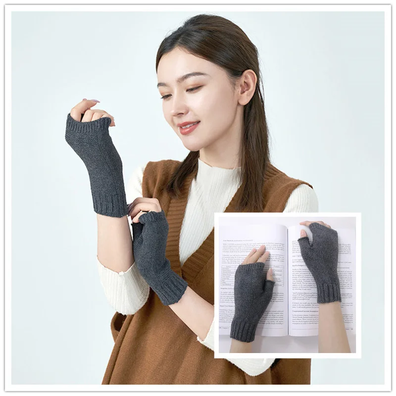 Sparsil Winter Knitted Cashmere Fingerless Gloves Woman Half Finger Twist Hand Arm Wrist Glove Thick Stretch Wool Mittens Warmer