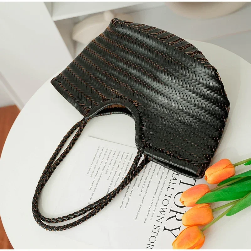 Rattan-Geflecht-Shopper-Korb-Tragetasche für Damen, französische Vintage-Handgewebte Schultertasche, große Strand- und Urlaubshandtasche – Detail 14