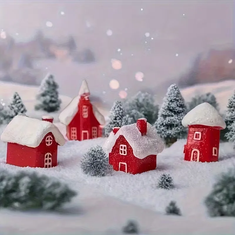 

4Pcs Winter Village Snowy House Christmas Resin Miniature Red House Christmas Home Decoration Ornament New Year Party Cake Decor