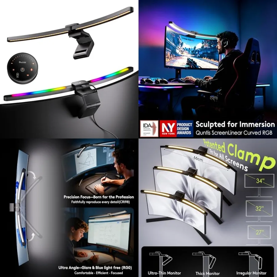 

Curved Monitor Light Bar 15 RGB Backlight for 34"+ Screens, Computer Bar Lights Fold Dual Light with Color Temperature Brightne