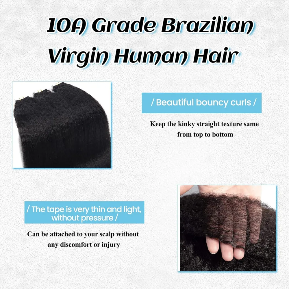 Extensiones de cabello humano Remy brasileño, cinta recta rizada, trama de piel, 100% Real, adhesivo Invisible, negro Natural