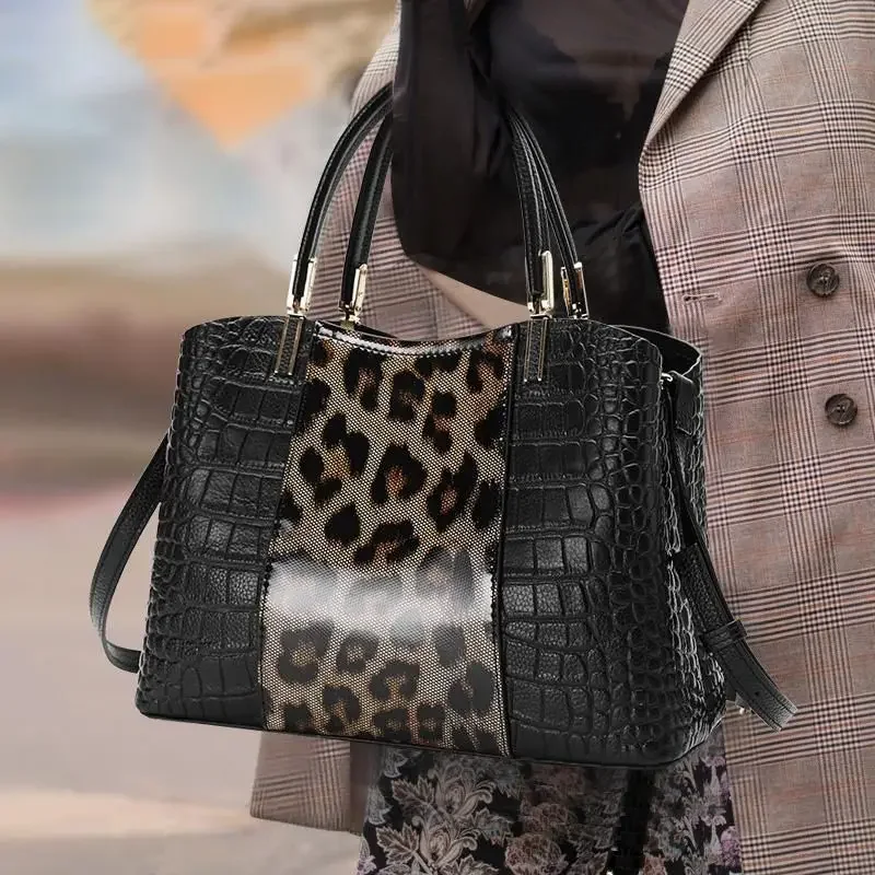 New leopard Women Handbag Genuine Leather Shoulder Bags Female Brand Luxury Real Natural Alligator Leather Crossbody Fashion Bag