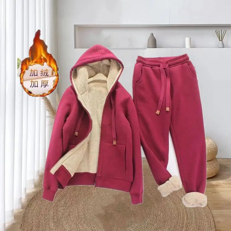 New Sports Suit 2-piece Zipper Simple Sweater Women's Autumn and Winter Korean Version Plush Thickened Long Sleeve Hooded Coat