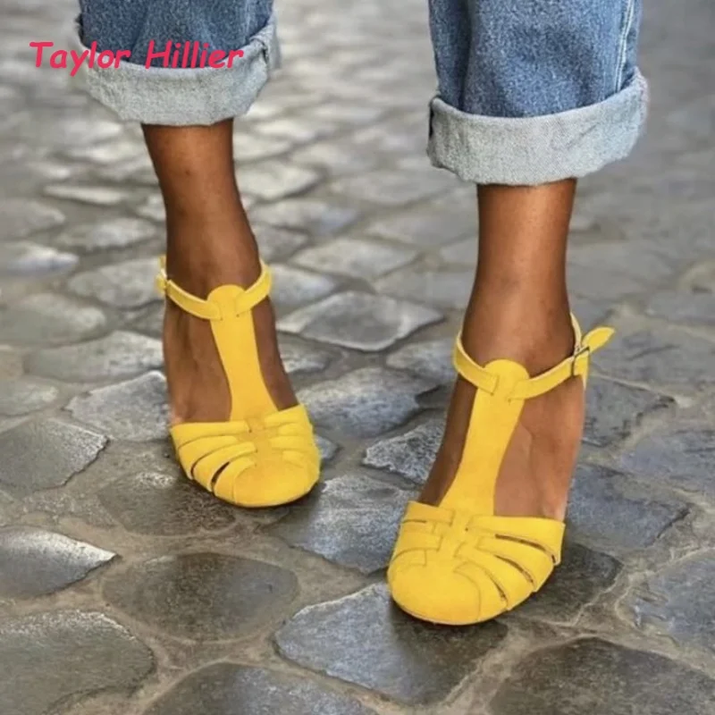 

Suede T-Strap Block Heel Mary Jane Sandals Women Round Toe Cutout Buckle Ladies Retro Casual Streetwear Summer Shoes