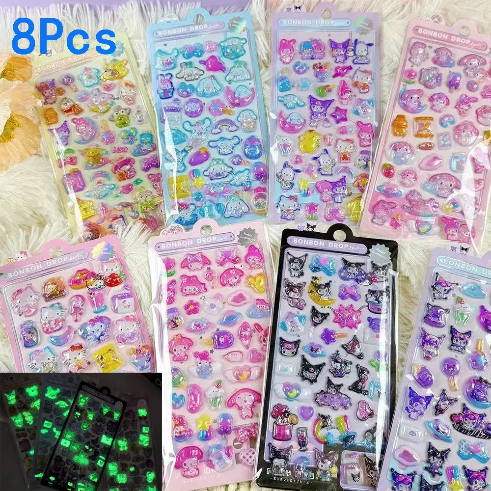 8 قطع KT Kuromi Melody الأصالة مضيئة ثلاثية الأبعاد الإغاثة ملصق مقاوم للماء محبوب ملصقات الزخرفية الكرتون الكريستال ملصق #1