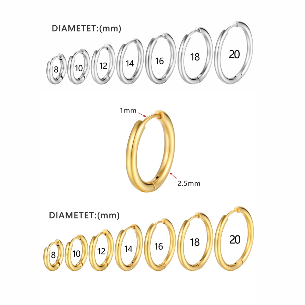 Gold-Color IP Plating 316 Stainless Steel Line 2.5mm 8/10/12/14/16/18/20mm Hoop Earrings No Fade Allergy Free Brief Style