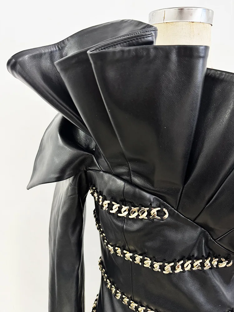 HIGH STREET Nieuwste 2025, Designer Fashion damesketting, driedimensionale lotusblad, leren jurk met enkele mouw