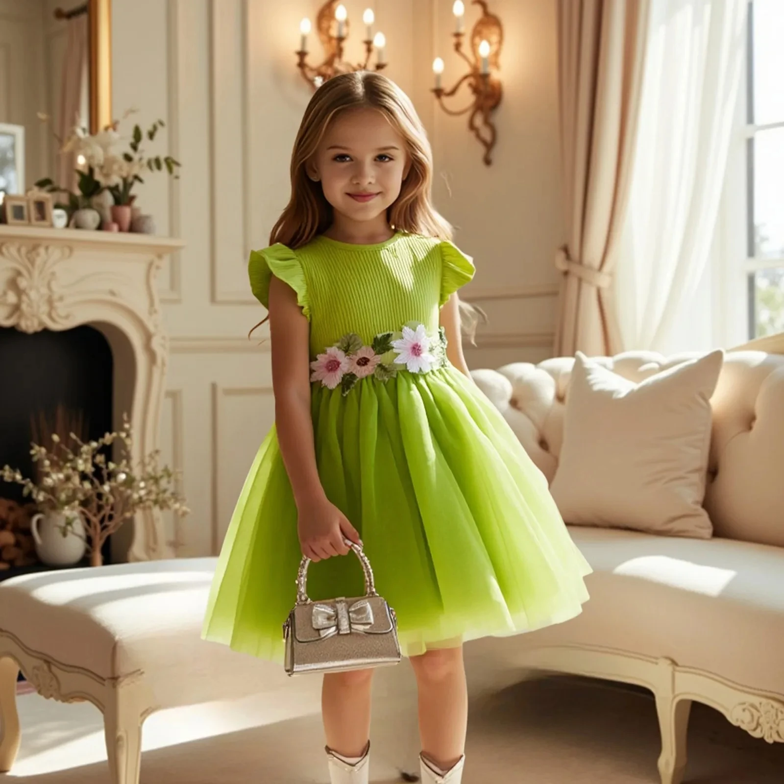 

Summer girl princess dress flying sleeves pit strip floral mesh dress sweet cute party dresses birthday party tulle tutu dress