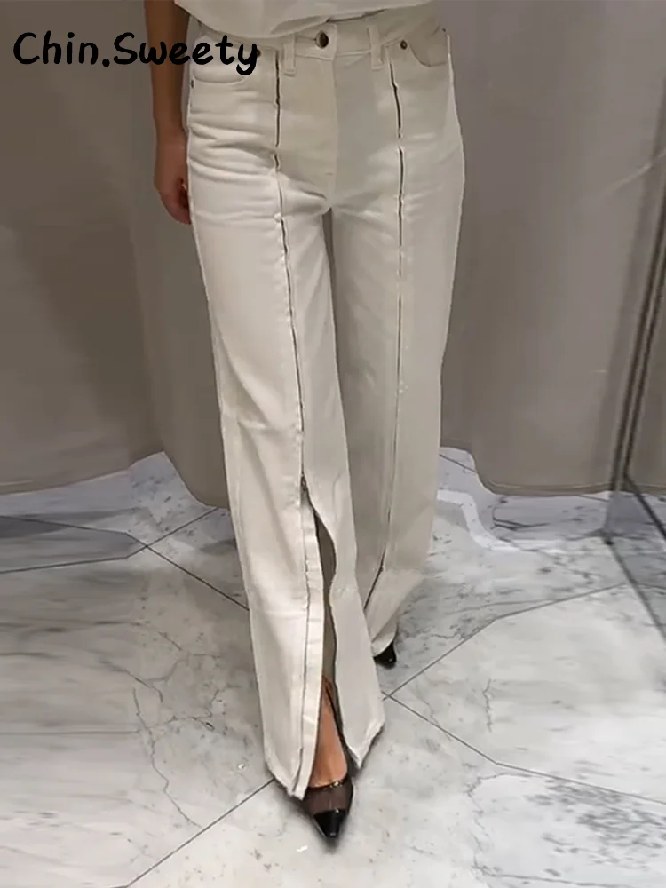 

Fashion Zippers Design Denim Trousers Women White Button Pockets High Waist Straight Wide Leg Jeans 2025 Summer Lady Chic Pant
