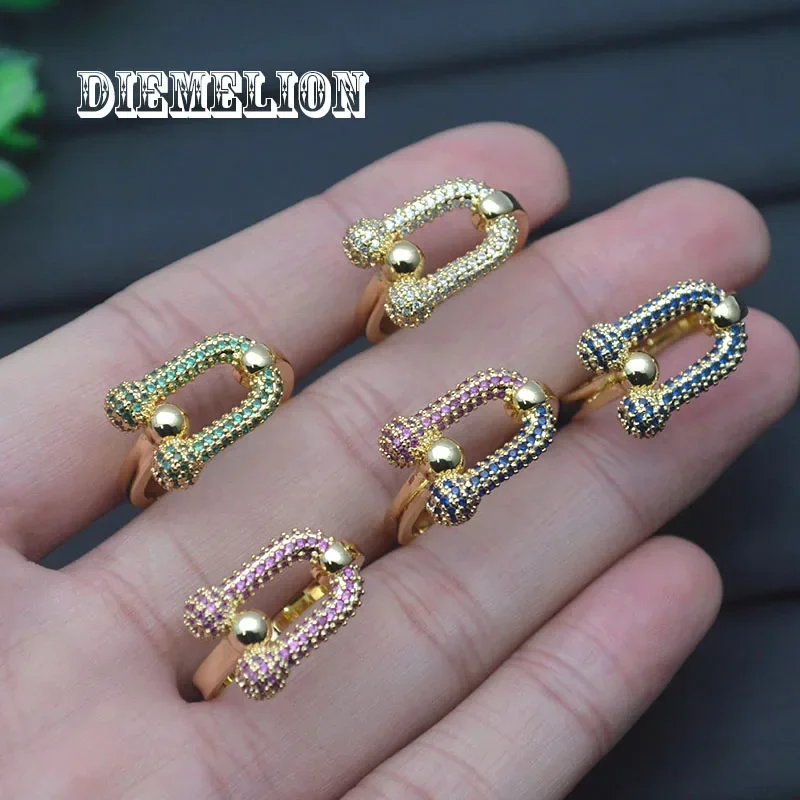 تصميم جديد 18K مطلية بالذهب على شكل حرف U حدوة الحصان قوس قزح مكعب زركونيا قابل للتعديل خواتم للمرأة الفتيات مجوهرات الأزياء الكورية