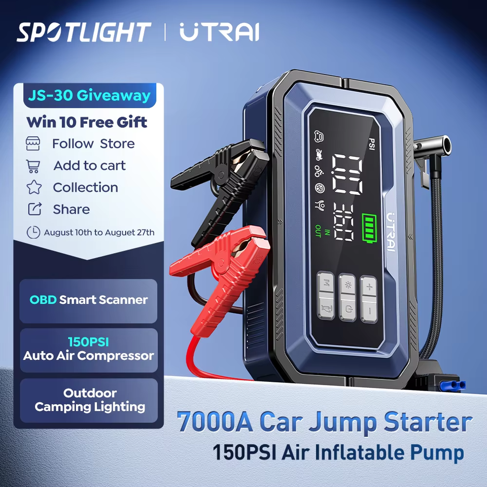  ​​UTRAI All-in-One 7000A Car Jump Starter with Air Compressor &  OBD Diagnosis & Outdoor Camping Lights Emergency Boosters 