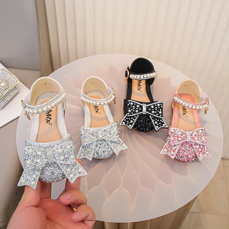 2026 Girls Leather Shoes Children's Lace Butterfly Rhinestone Pearls Beading Performance Single Shoes Fashion Weeding Kids Shoes