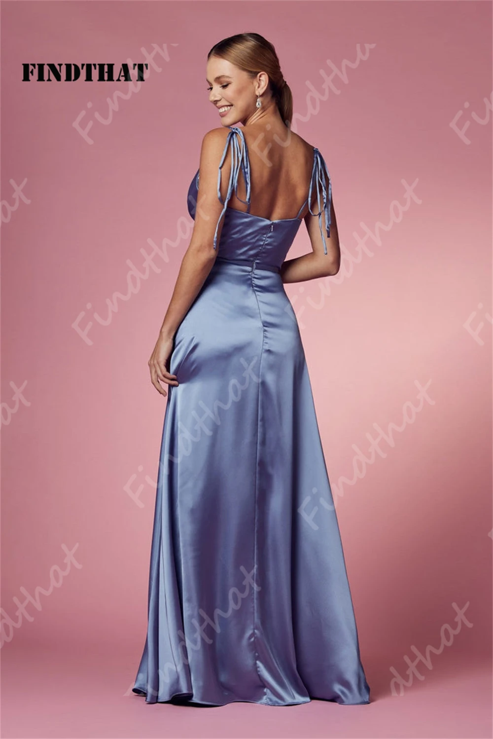 Findthat Spaghetti Straps Pleated Satin A-Line Prom Dress Sexy V-Neck Formal Evening Gowns with Side Slit Bridesmaid Dress