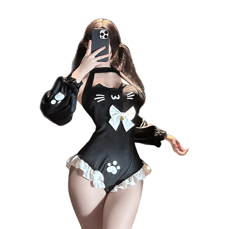 Sexy Cute Cat Maid Cosplay Japanese Harajuku Halter Slim Fit Bodysuit Kawaii Cartoon Print Cat's Paw Pleated Backless Uniform