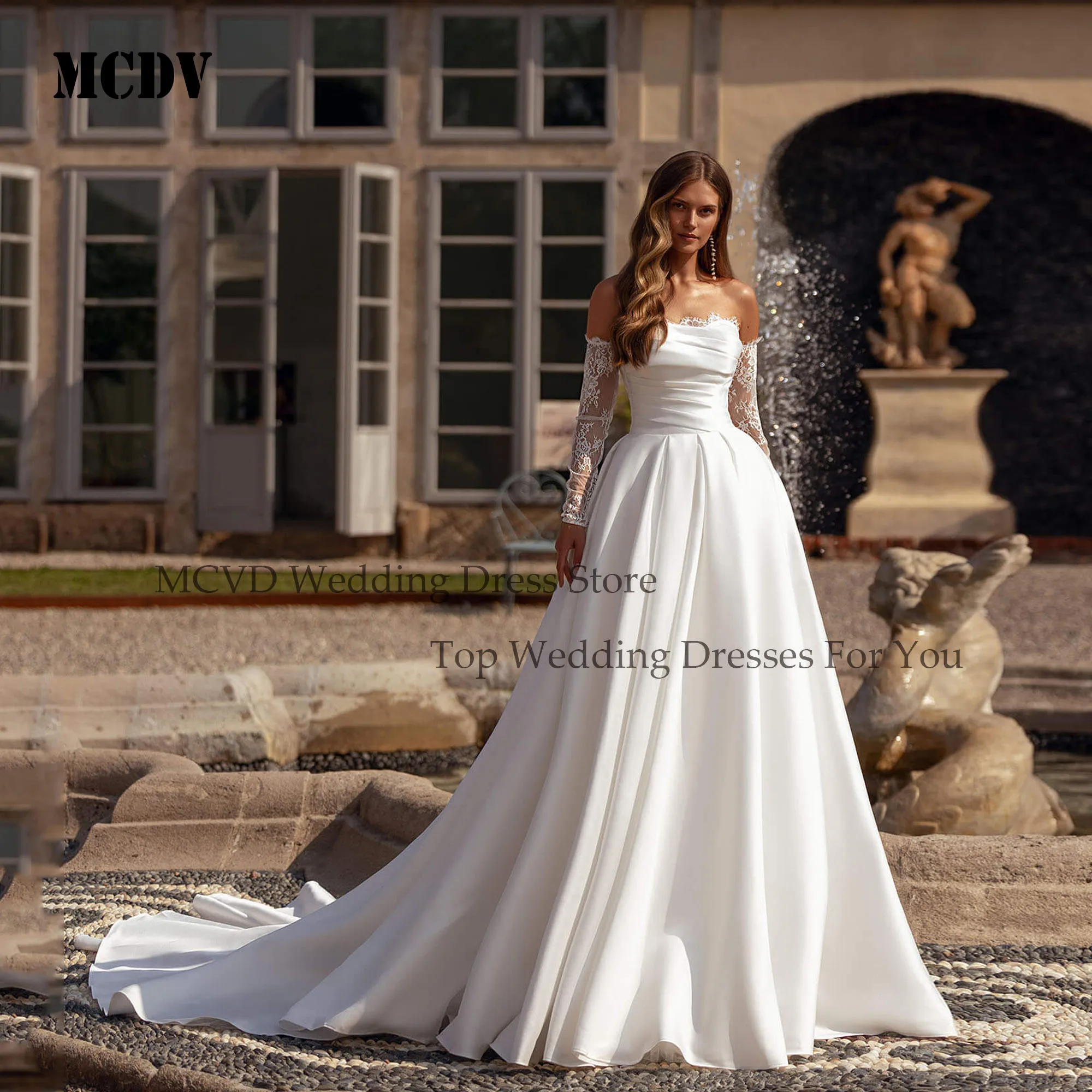 

MCDV Vintage Satin Strapless Wedding Gowns Pleat Detachable Sleeve Sweep Train vestido de novia 2025 Customized Wedding Dresses