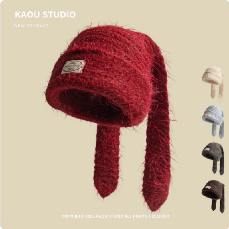 

Новая нишевая корейская милая и милая вязаная шапка с длинными ушками, зимняя уличная теплая шапка с защитой ушей для женщин