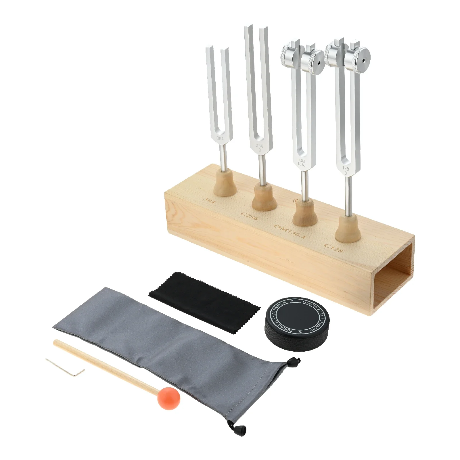 4pcs/set 384Hz C256Hz OM136.1Hz C128Hz Alloy Tuning Forks Activator Wood Sound Holder Stand Hammer Bag Wave Spiritual Healing