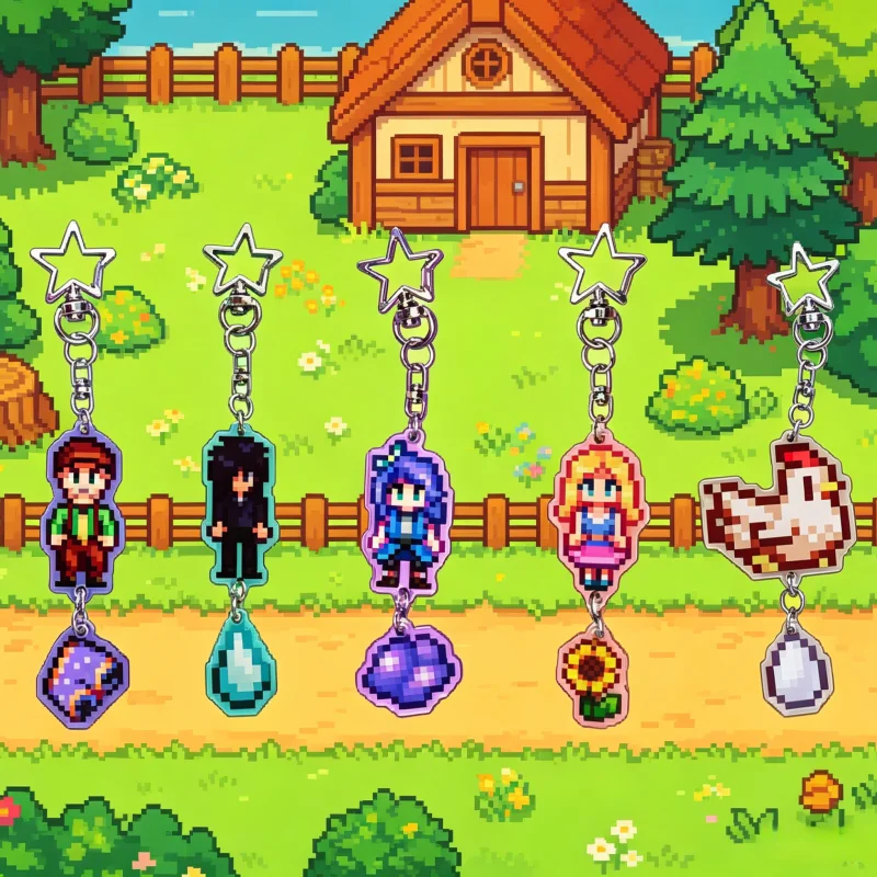 Colgante de acrílico coleccionable premium vibrante de Stardew Valley con diseño de Sam, Sebastian, Abigail, Haley y el pollo, estilo pixel, para fans del juego