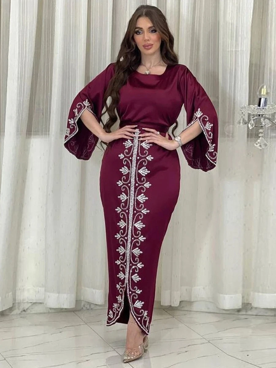 

Dresses For Prom Kaftan Dubai Luxury Diamonds Formal Occasion Abaya Elegant Split Sleeve Ladies Long Wrap Dress With Belt