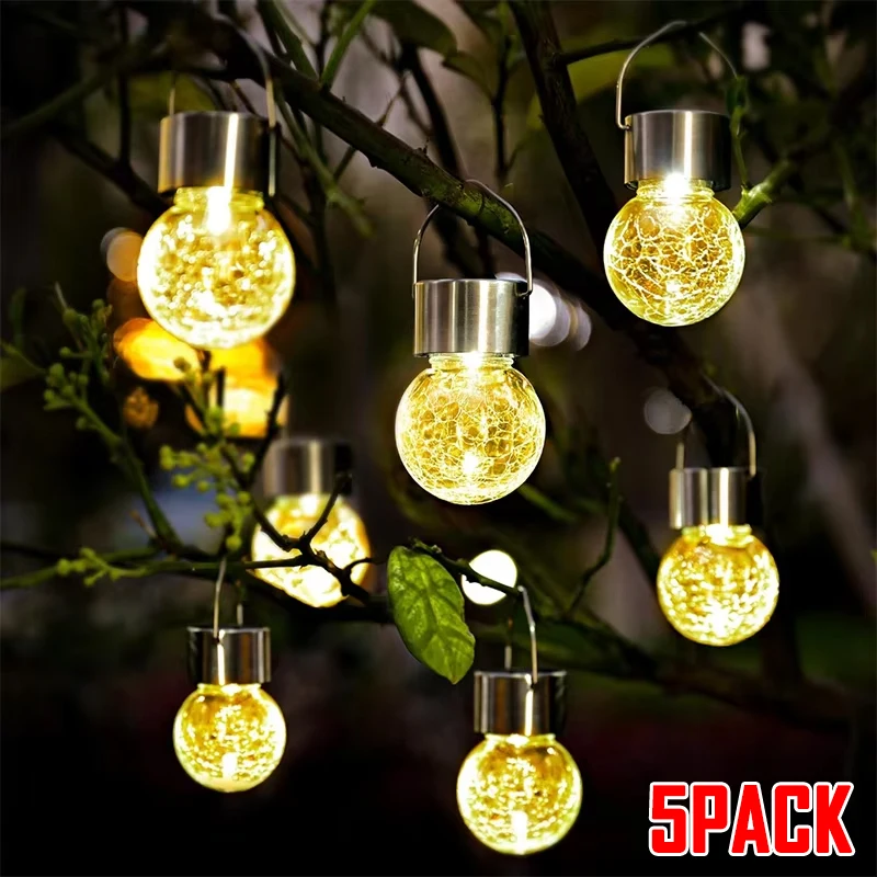 1~5Pack Solar Hanging Lights Outdoor Waterproof Changing Cracked Warm Ball Lamps Glass Hanging For Garden Christmas Decoration