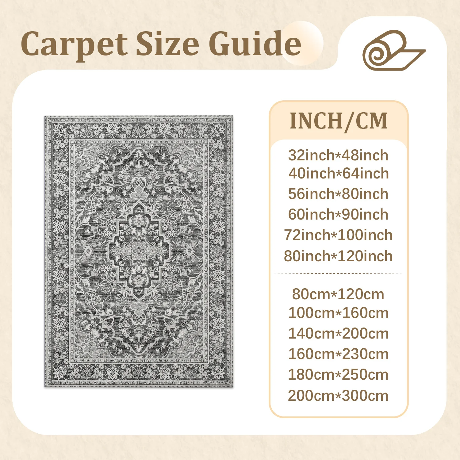 Large Indoor Area Rug, Soft Velvet Low Pile with Non-slip Dotted Backing, Machine Washable Vintage Distressed Gray Oriental Medallion Rug for Living Room and Bedroom
