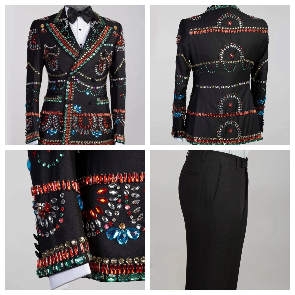 

Shiny Blazer Pants 2 Pieces Men Suits One Button Beads Diamonds Peaked Lapel Tuxedo Slim Wedding Groom Prom Plus Size Customed