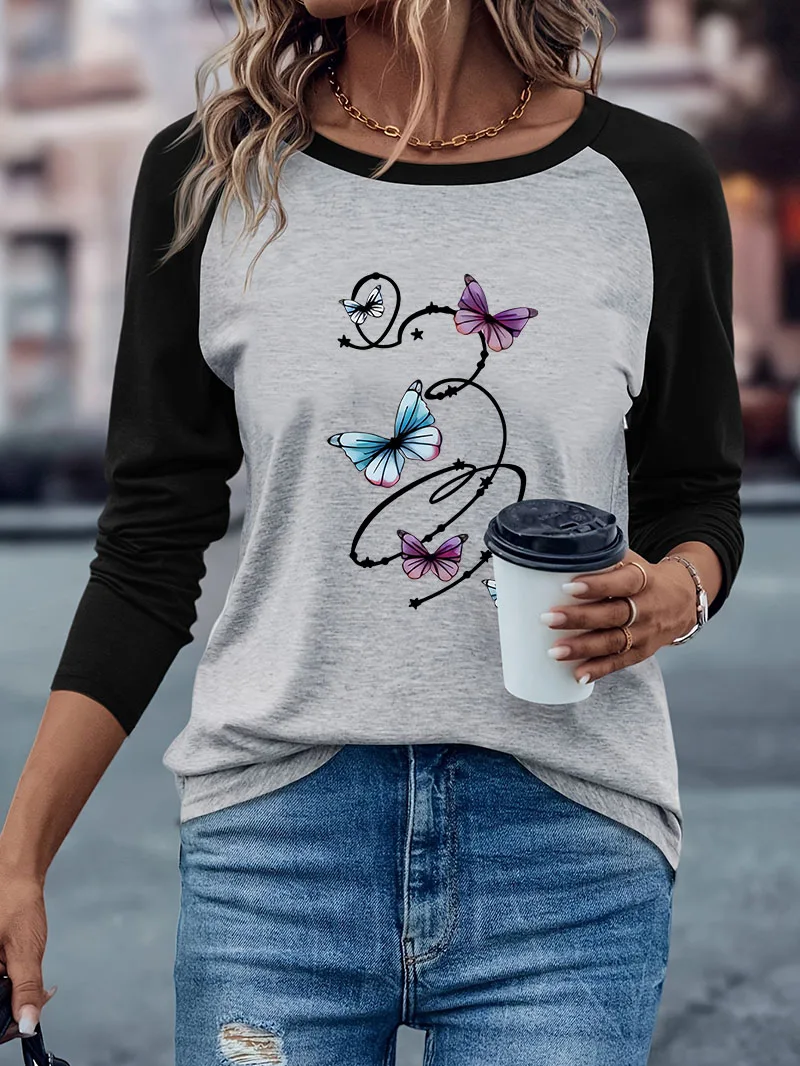 Trendiges Langarm-T-Shirt mit Schmetterlingsdruck, lässiges, grafisches Langarmshirt für Herbst und Winter, bequemes T-Shirt für Damen, Alltagskleidung
