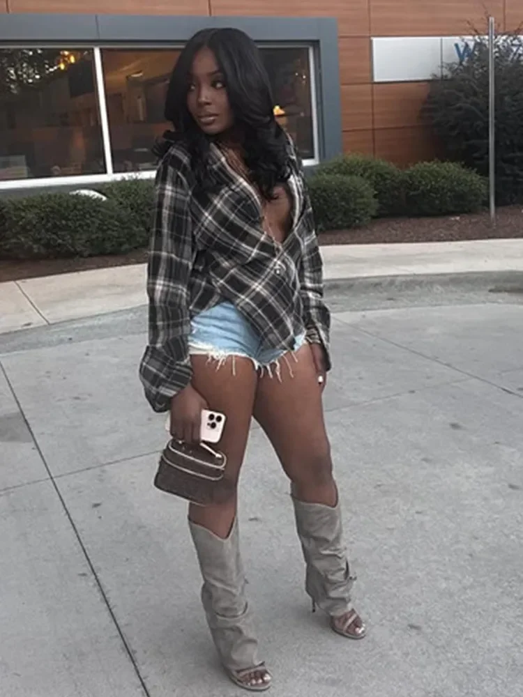 

Yomesugar 2025 Autumn Women's Asymmetric Plaid Shirt Fashion Oversized Lapel Full Sleeve Blouse Chic Cropped Tops Y2K Streetwear