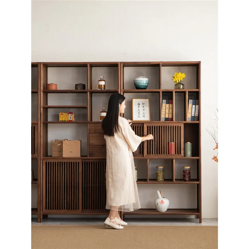 New Chinese-style all-solid wood bookcase, black walnut Bogu shelf, display case, storage.