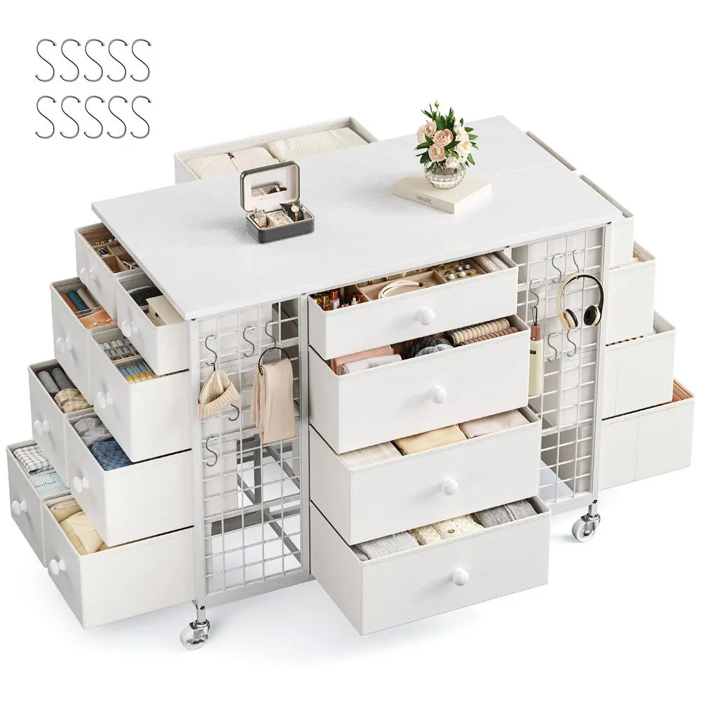 24 Drawers White Dresser with 4 Wheels, Closet Island with Hooks