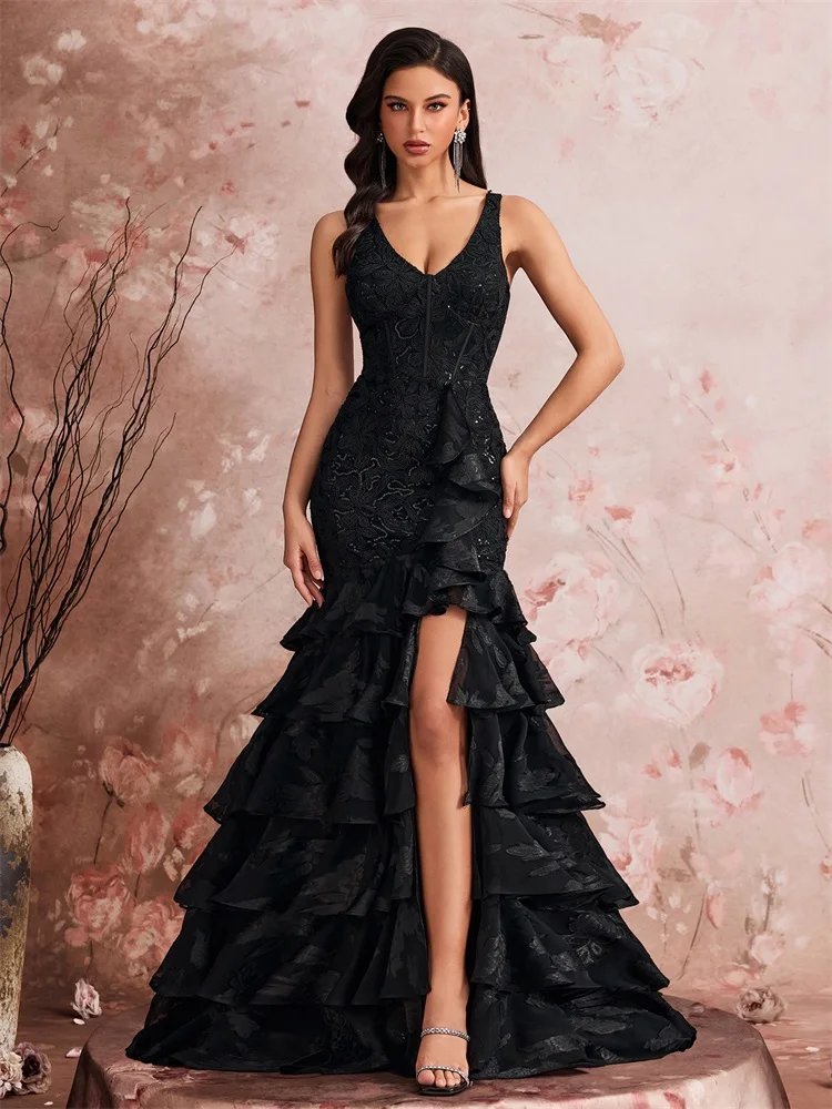 

Lucyinlove Luxury V-neck Cake Dress Luxury Sequins Slit Formal Evening Dresses Elegant Slit Mermaid Maxi Party Cocktail Gowns