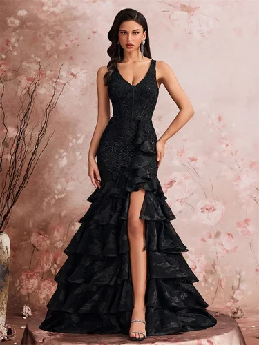 Lucyinlove-vestido de lujo con cuello en V para pastel, vestidos de noche formales con abertura de lentejuelas de lujo, vestidos de cóctel de fiesta Maxi de sirena con abertura elegante