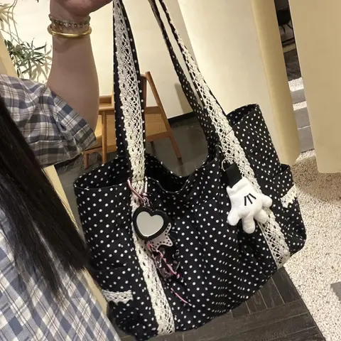 Women Shoulder Bag For Korean Vintage Canvas Cute Lace Large Capacity Tote Multi Pocket Handbag Fashion Round Dot Underarm Bag