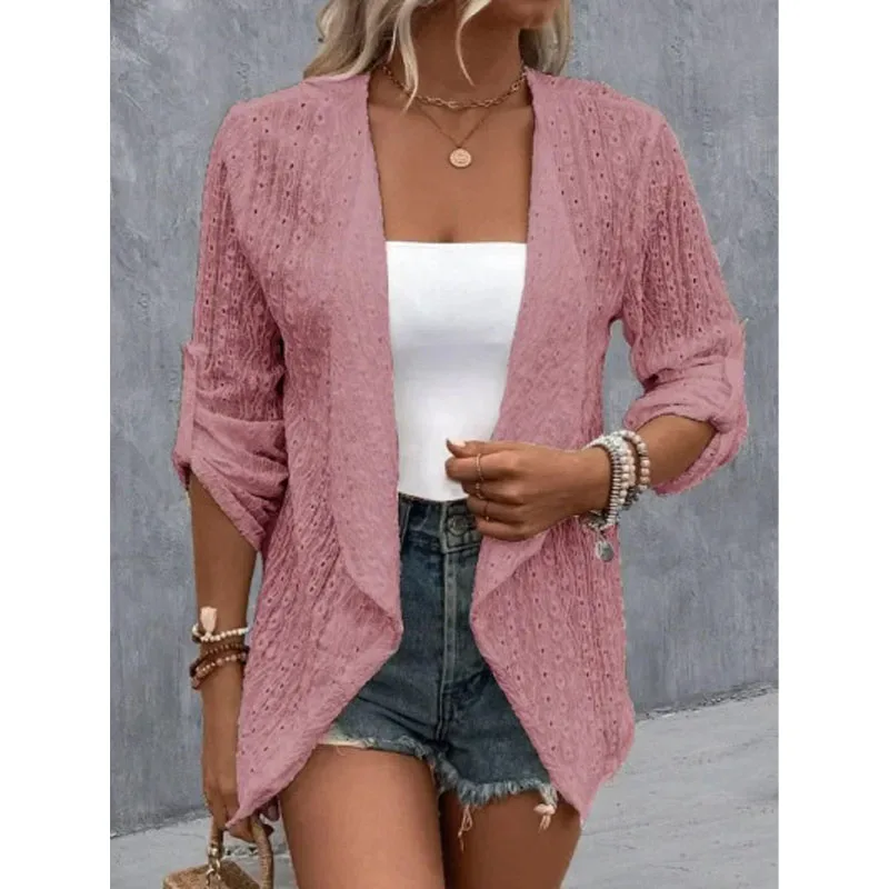 

2023 New Autumn Fashion Trend Lace Jacquard Hollowed Out Temperament Casual Loose Solid Color Simple Women's Versatile Cardigan