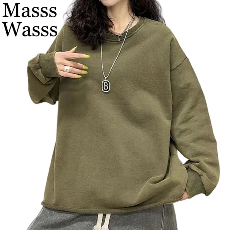 

Mass Wasss, корейские зимние классические однотонные футболки с круглым вырезом 2025 года, женская модная свободная повседневная одежда, женские теплые элегантные хлопковые топы