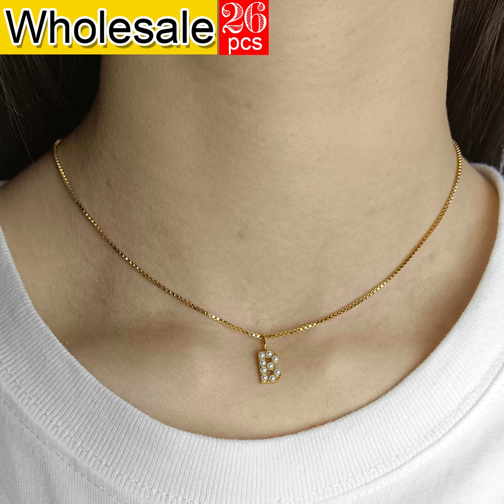 26PCS Minimalist Style Women's Stainless Steel Necklace Box Chain A-Z Pearl Initial Pendant Accessories Jewelry Wholesale