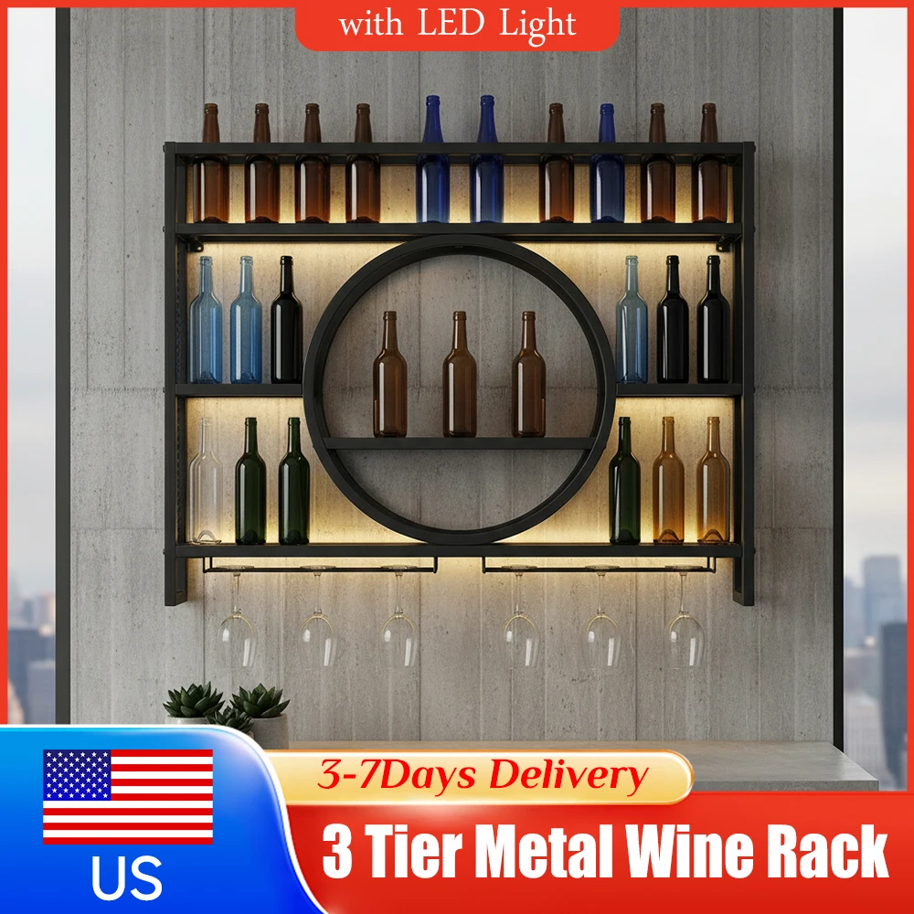 

Настенная 3-ярусная винная полка с LED-подсветкой, металлические полки для бутылок, держатель для бокалов, органайзер для хранения и демонстрации для дома